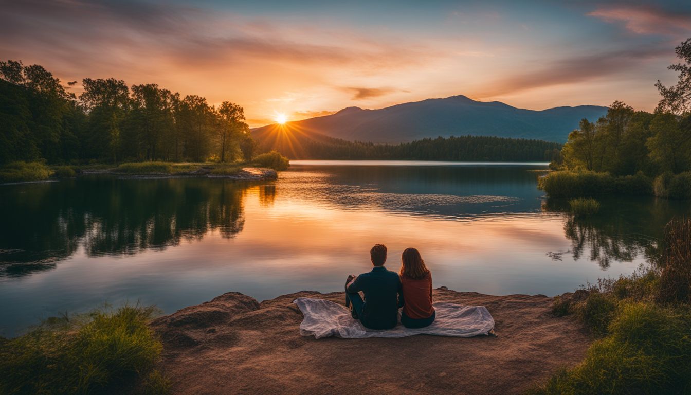a couple watching the sunset by the lake