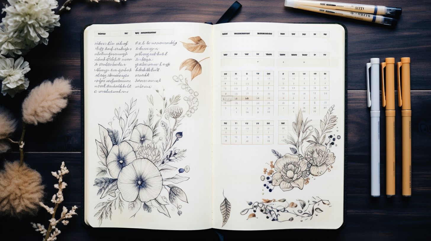 A visually appealing weekly bullet journal spread with artistic calligraphy captured in a flat lay photograph.