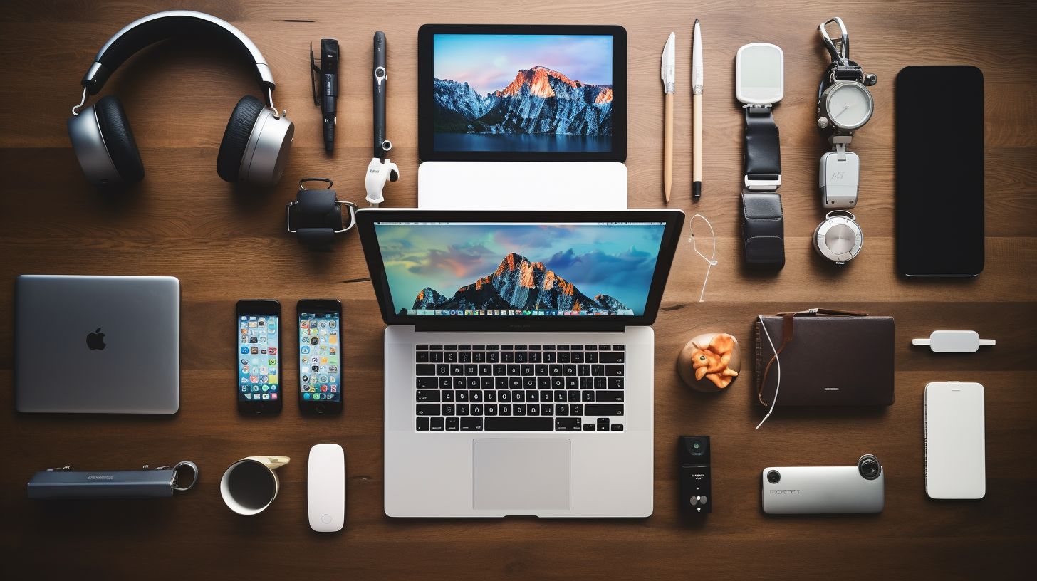 A collection of modern tech gadgets on a stylish desk.