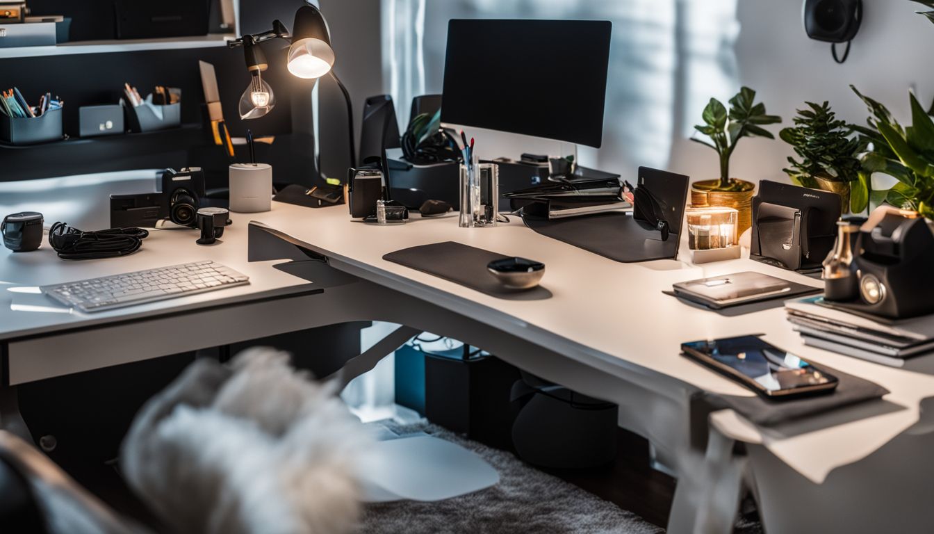 A modern and organized home office desk with high-tech gadgets.