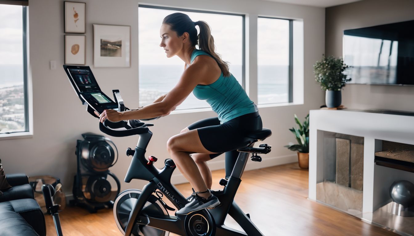 A person working out on a Peloton bike at home surrounded by high-tech workout accessories.