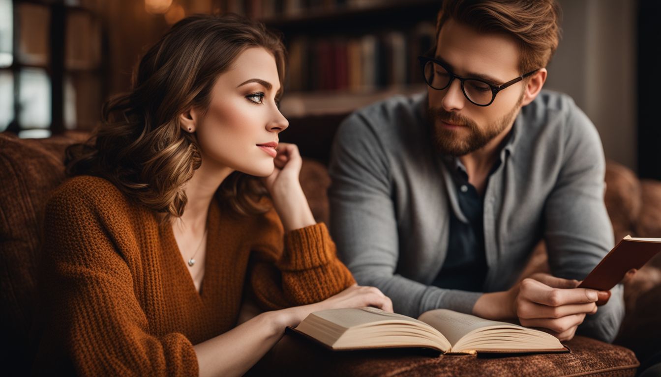 a woman and a man wearing glasses read a book