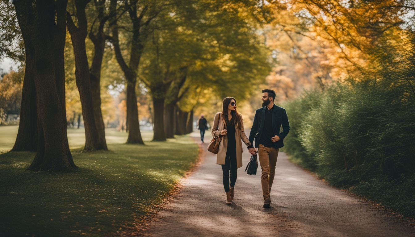 two people walking in the park while holding hands