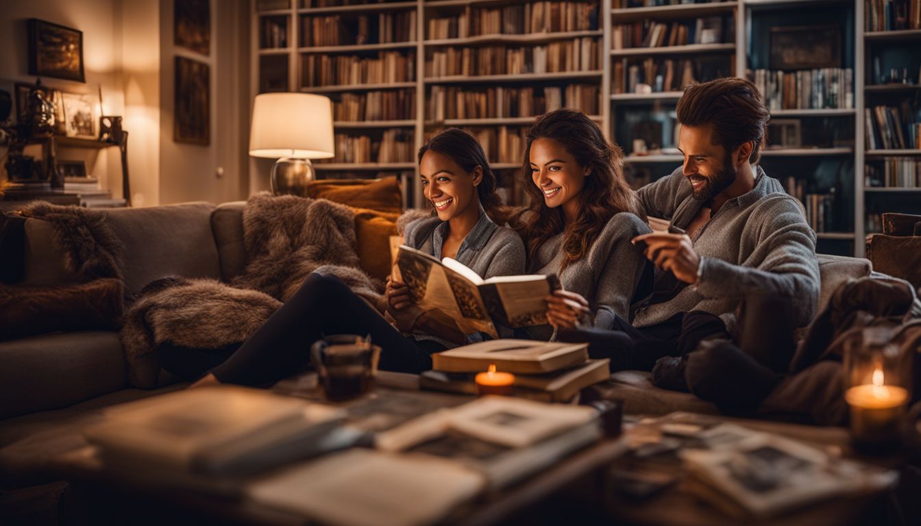 three people reading while sitting on a couch with bookshelves on the background