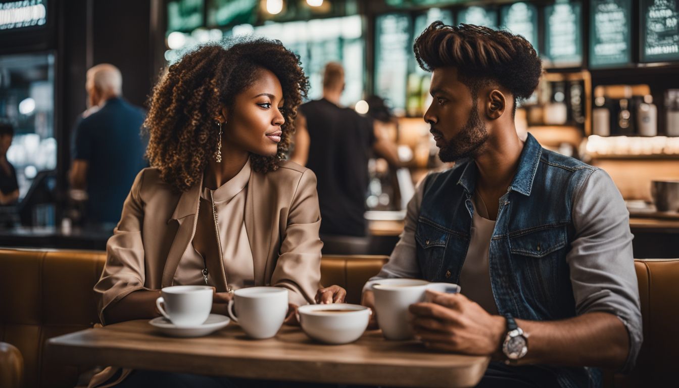 Man and woman having coffee while staring at each other