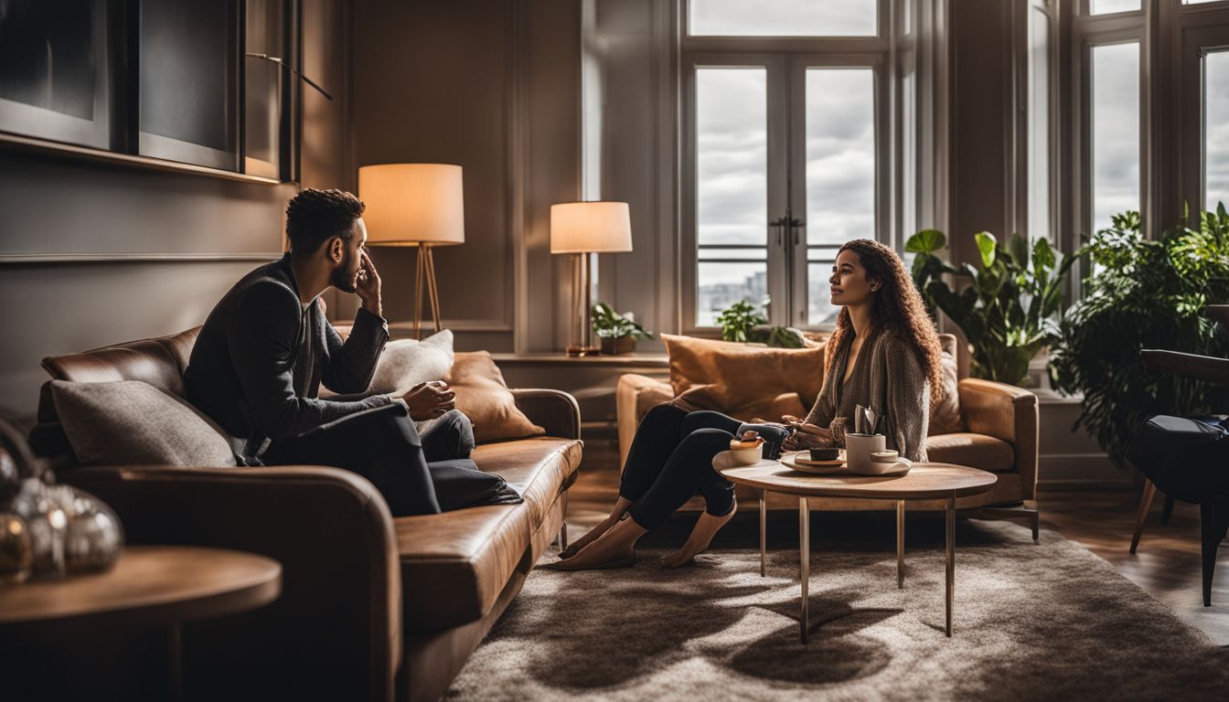 Man and woman having conversation in living room