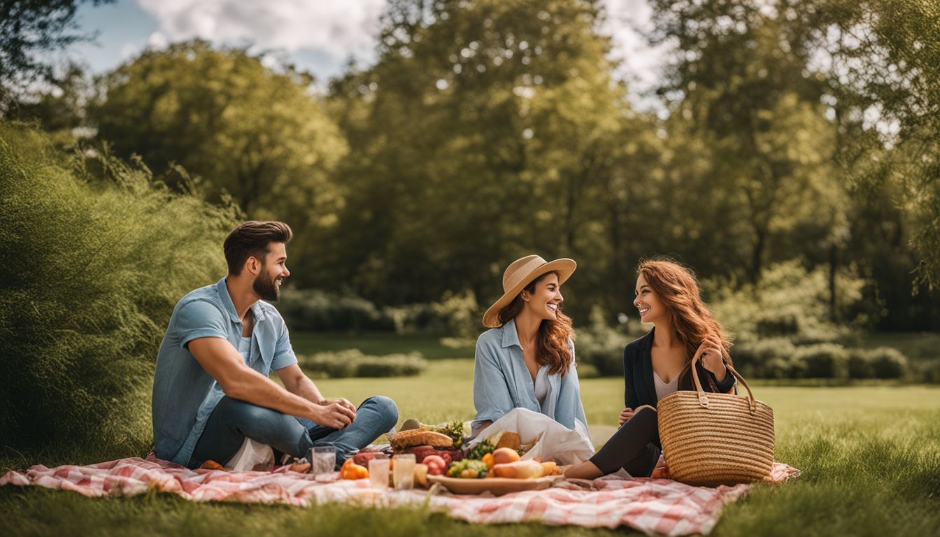 one man and two women enjoying an afternoon picnic