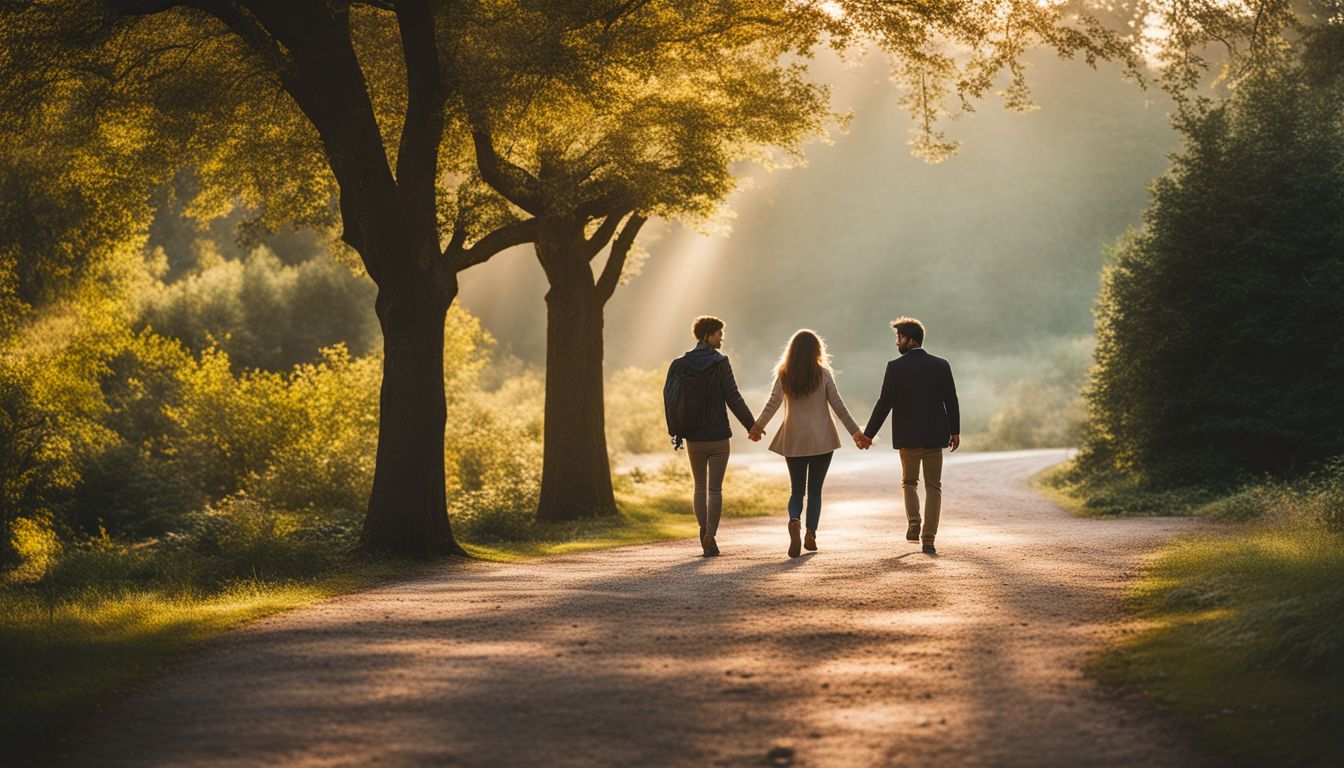 three people walking while holding hands