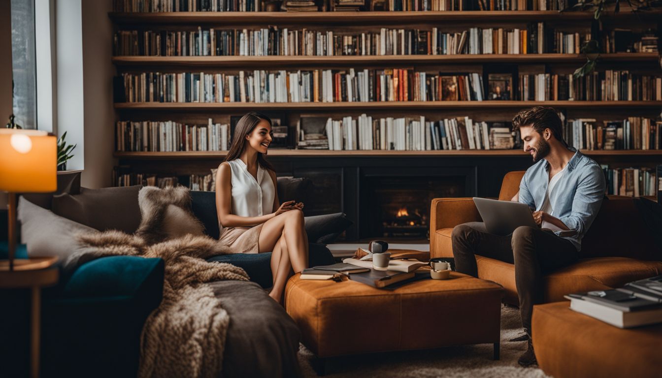 a man and a woman sitting in a cozy room with lots of books