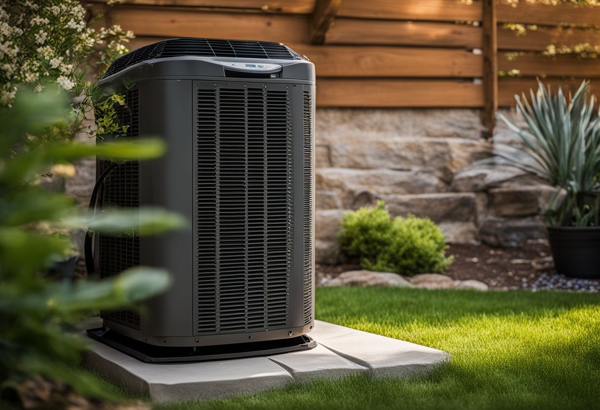 A well-maintained central air conditioning unit in a landscaped backyard.