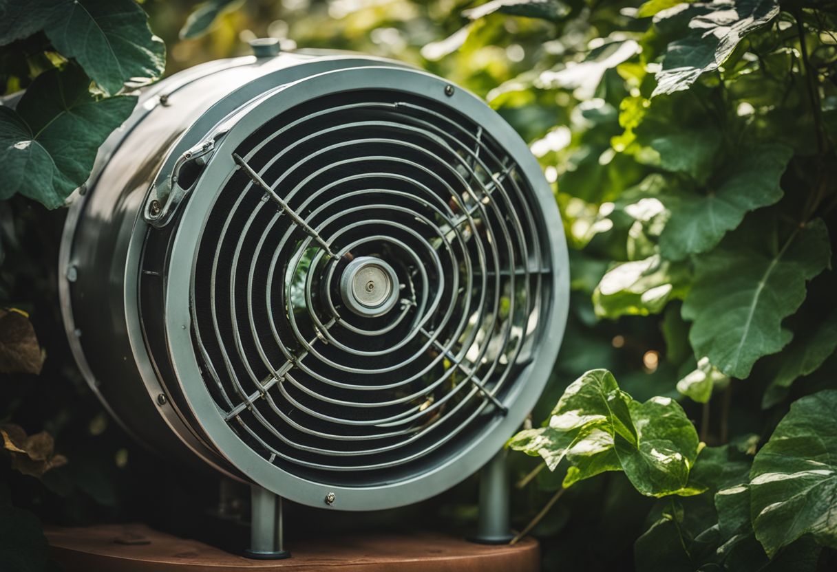 A close-up of a clean condenser coil surrounded by a lush garden.