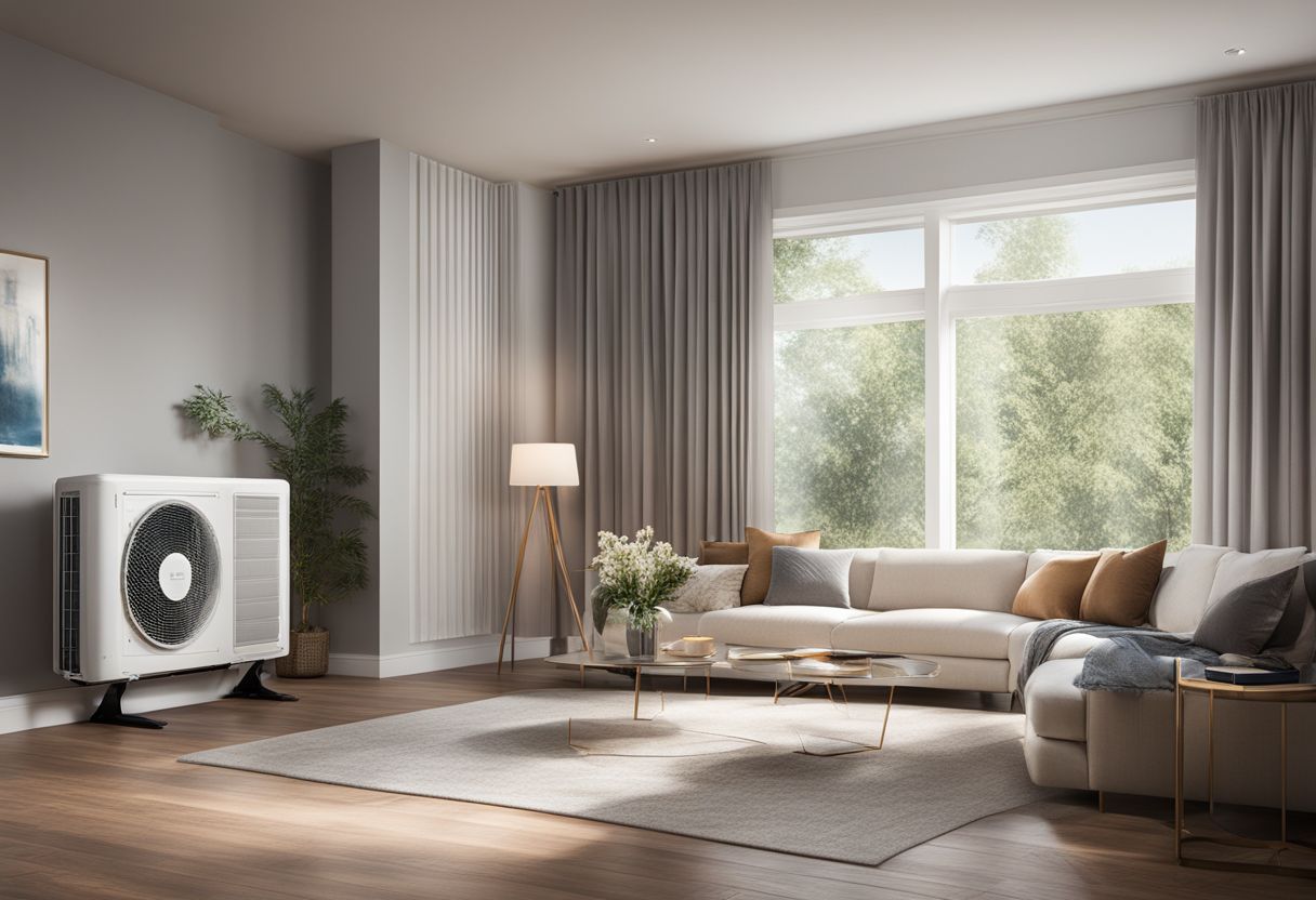 A modern central air conditioning unit installed in a spacious living room.