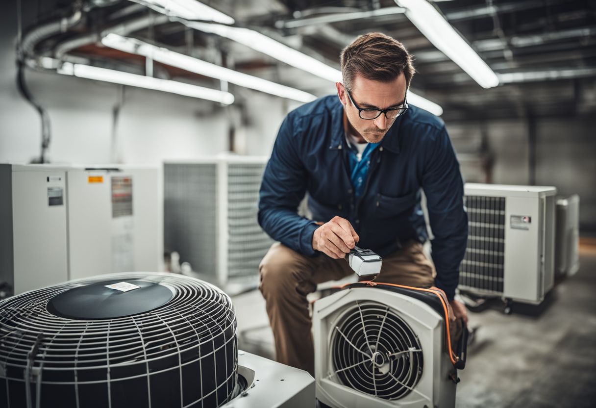 A technician inspecting an air conditioning unit in a commercial building.