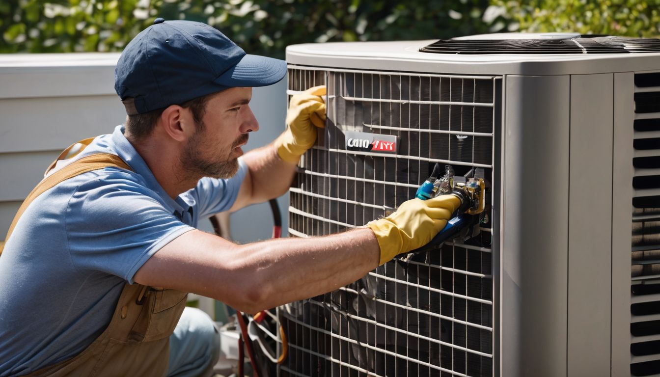 A person cleaning the condenser coils of an air conditioner outdoors.
