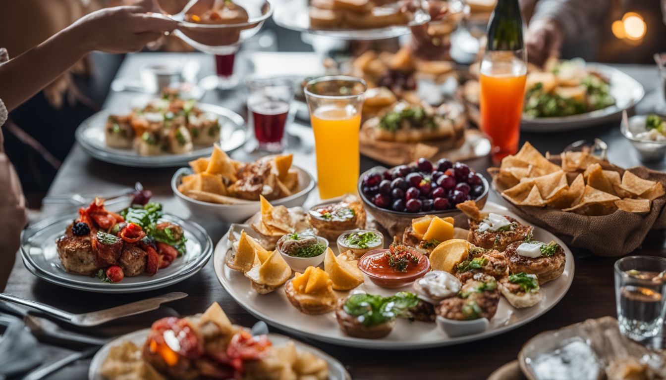 A beautifully arranged table with a variety of appetizers and drinks.