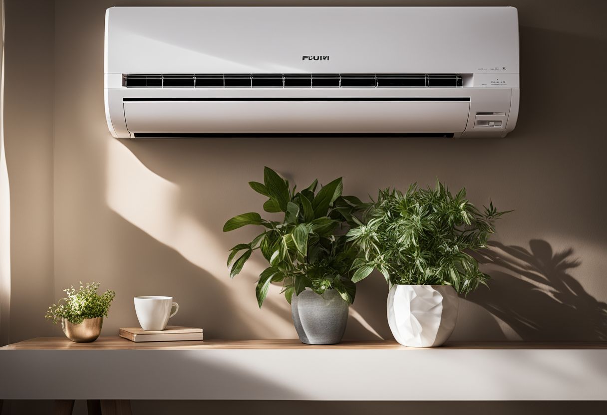 A photo of an indoor ductless air conditioner unit mounted high.