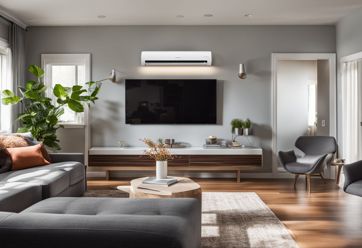 A ductless mini-split unit mounted high on a wall in a modern living room.