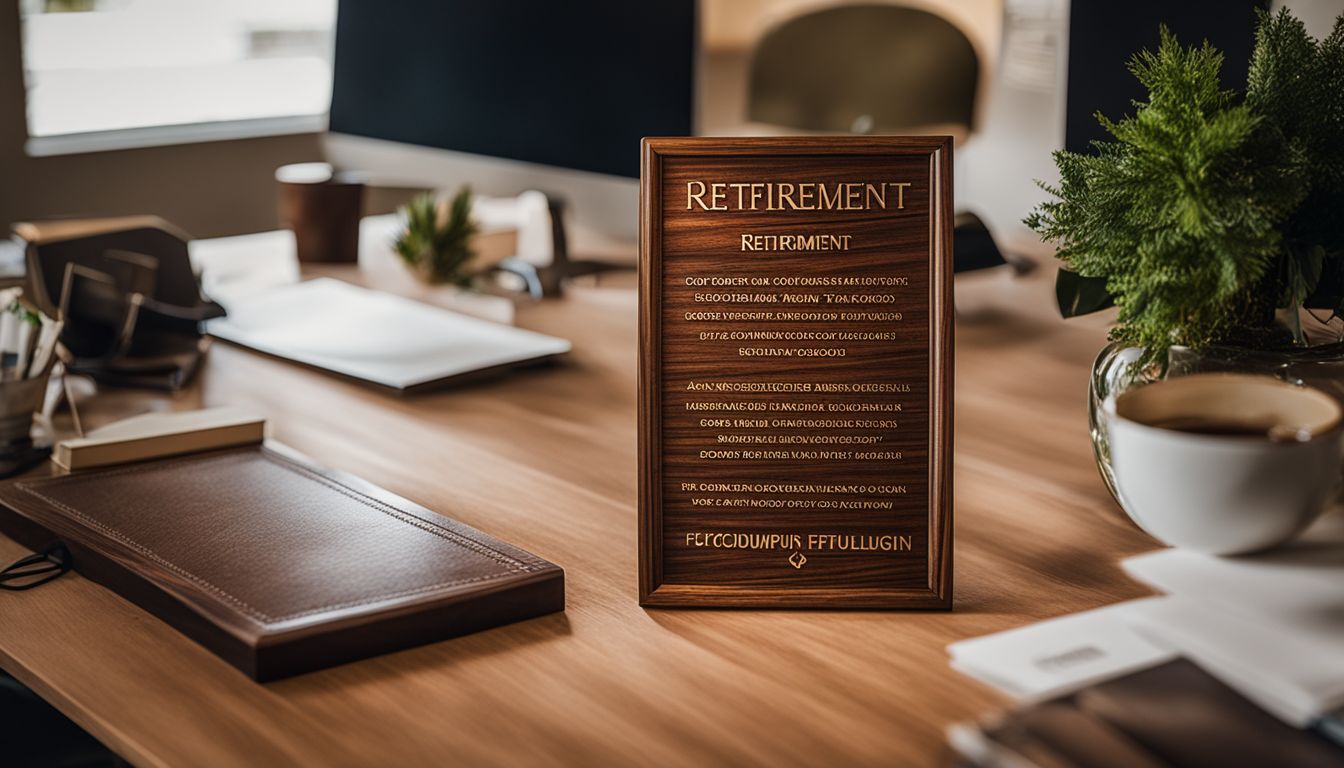 A personalized retirement plaque displayed on a desk with office decor.
