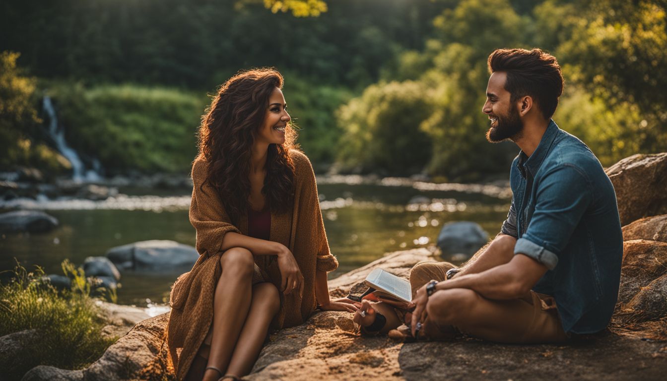 two people spending time together beside a lake