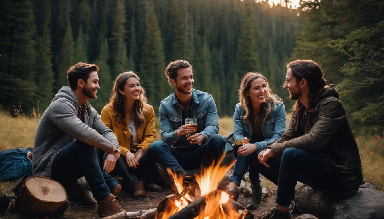 group of friends hanging out around a bonfire