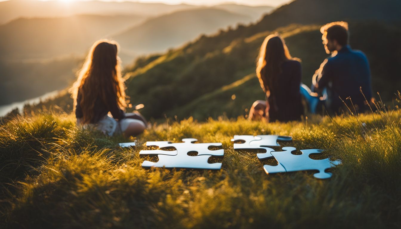 three people sitting on the grass with puzzle pieces behind them