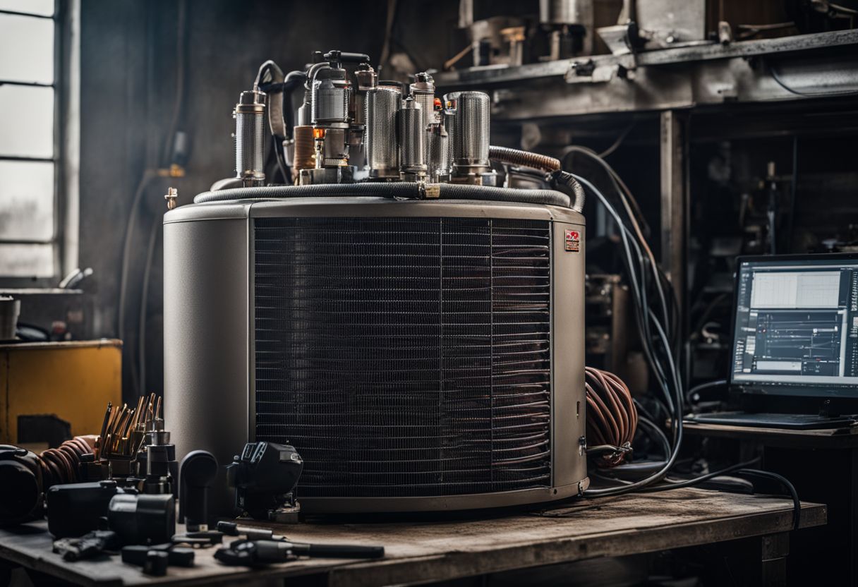 A faulty condenser coil surrounded by diagnostic equipment and tools.