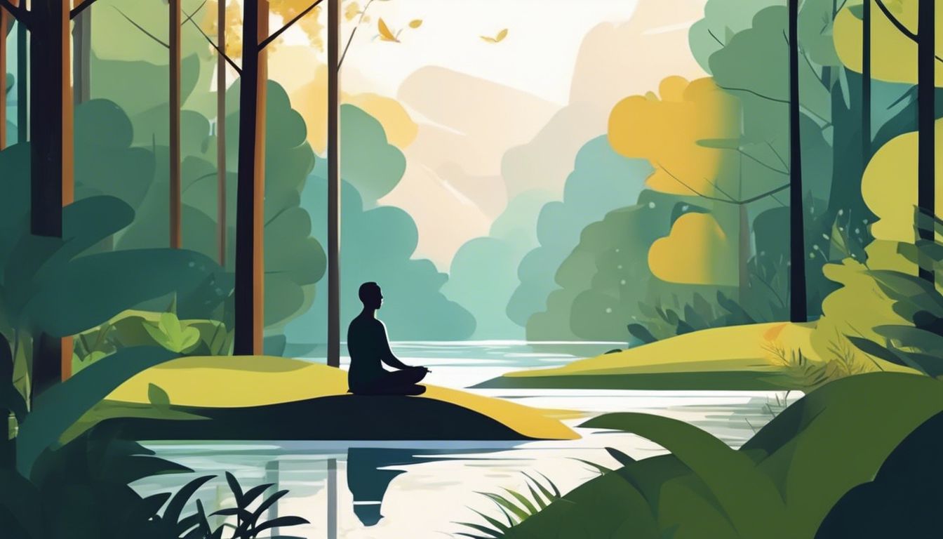 A person meditating in a peaceful forest surrounded by trees and a stream.