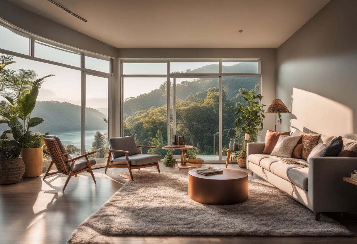 A comfortable living room with a view of the outdoors.