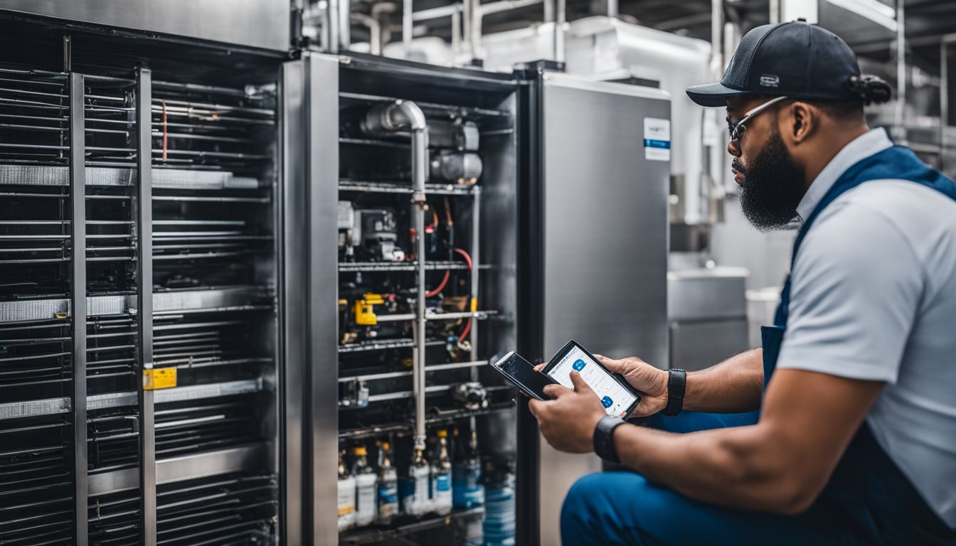 An industrial refrigeration technician inspecting and maintaining commercial refrigeration units.