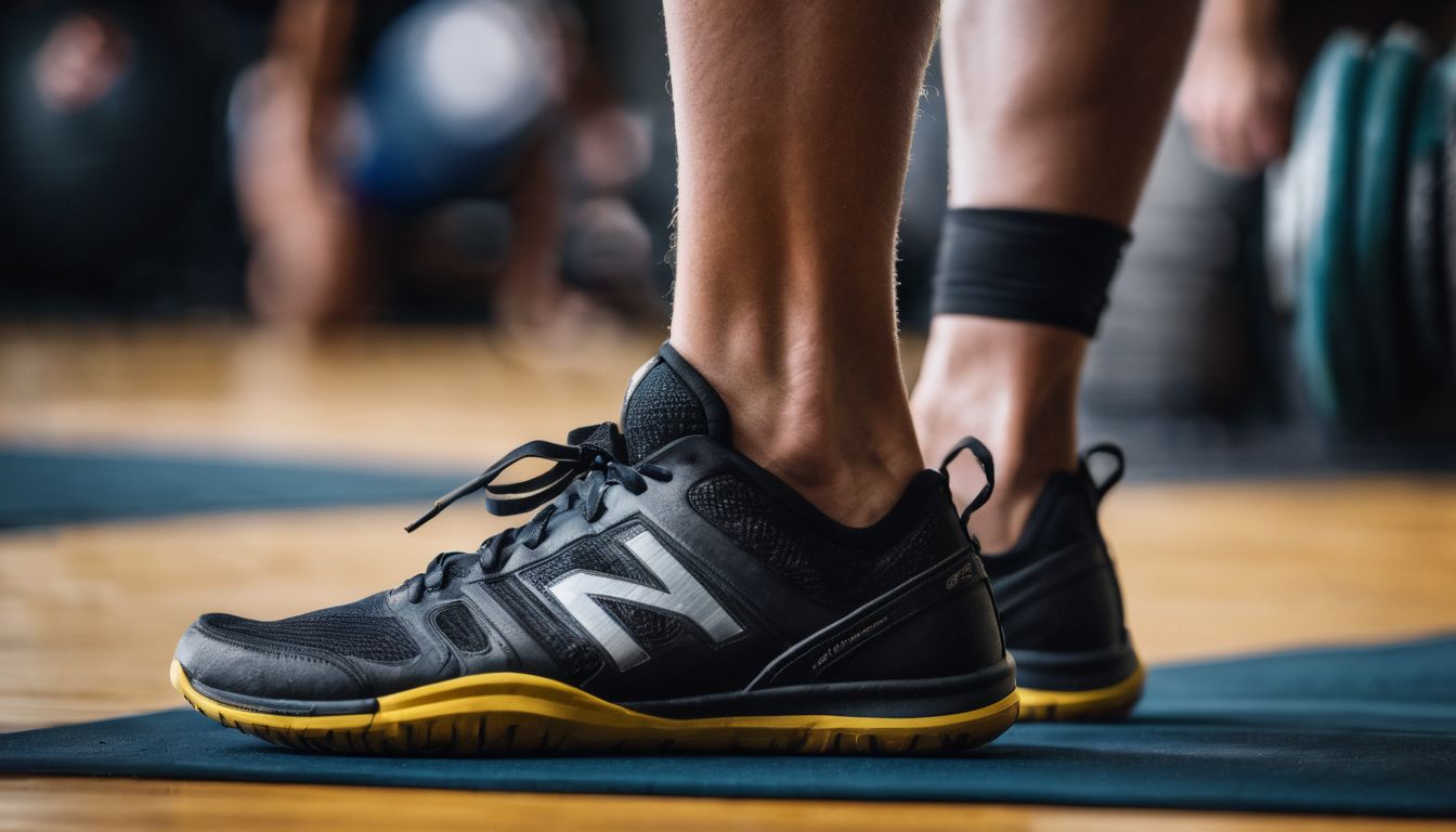 A pair of top barefoot shoes for CrossFit in a gym.