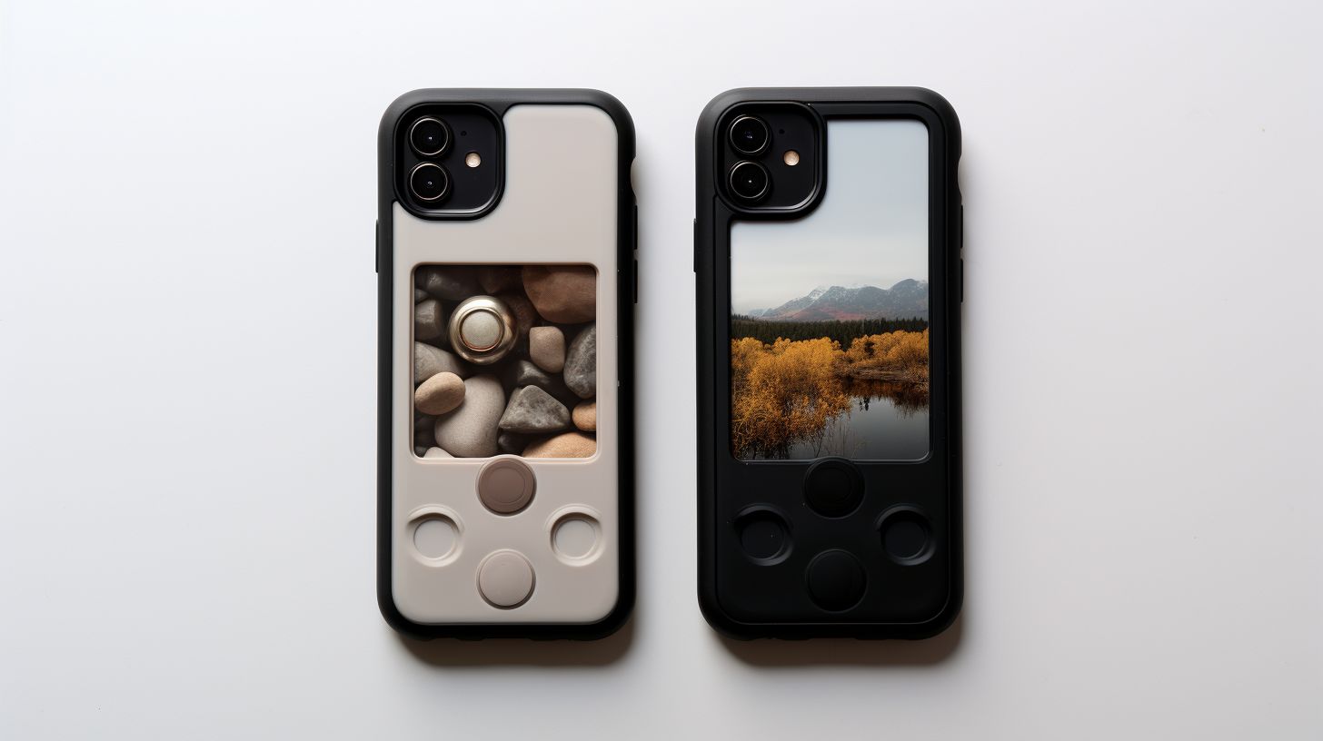 Two smartphones in different protective cases on a hard surface.