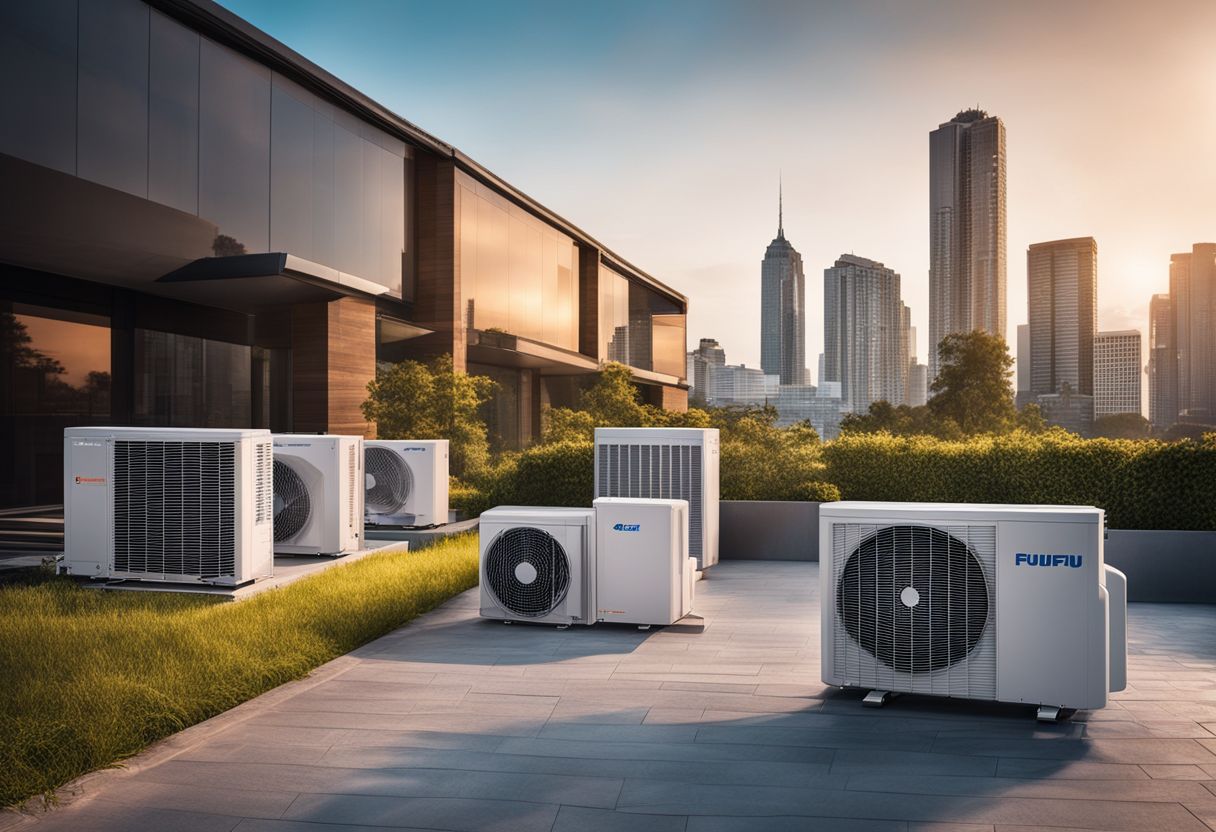 A variety of air conditioning units against modern architectural backgrounds.