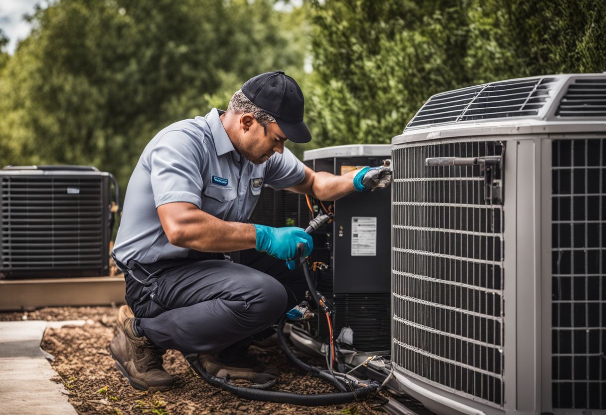 A technician inspecting and cleaning an air conditioner's condenser coil.