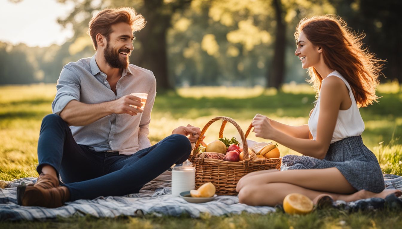 two people having a picnic and with a basket full of fruits