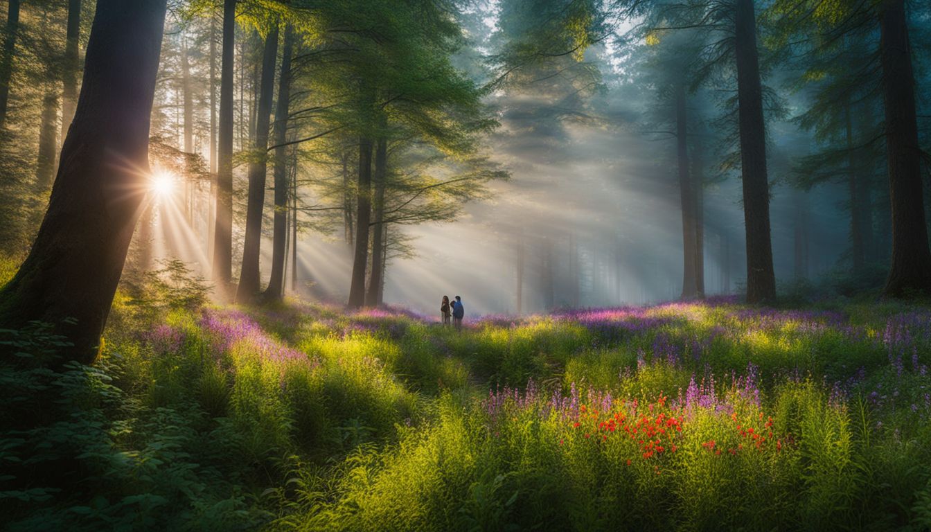 two people in the middle of a beautiful forest