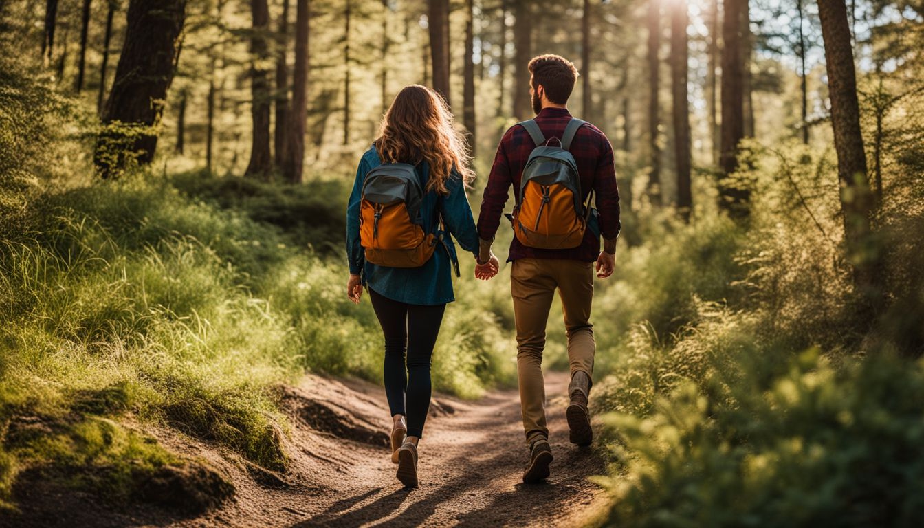 two people hiking while holding hands