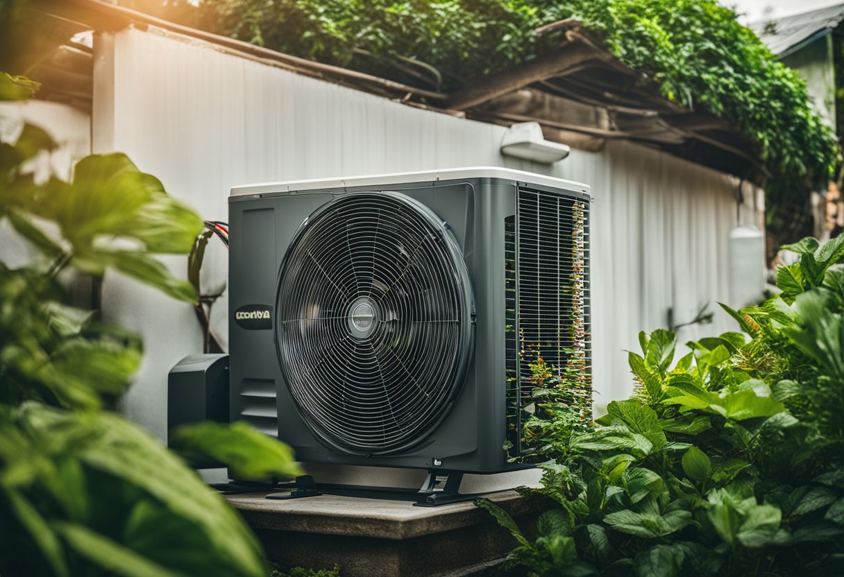 The image shows an outdoor air conditioner unit surrounded by greenery.