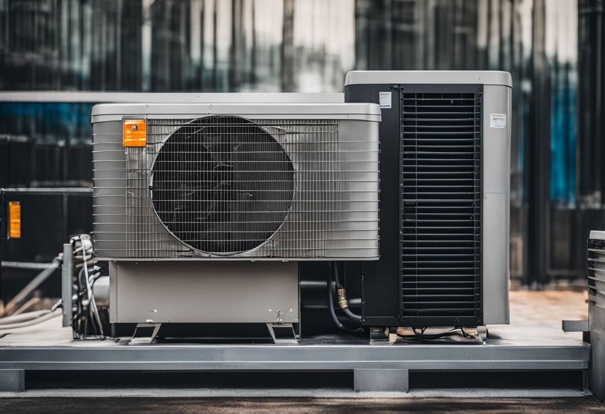 A close-up photo of an outdoor air conditioning unit in a bustling city.