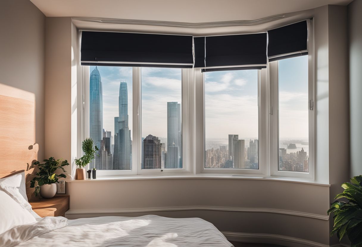 A window air conditioner installed in a bedroom overlooking a city.