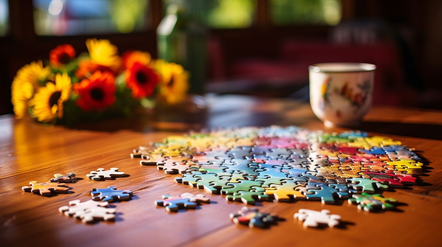 A colorful puzzle on a bright, open table in a nature setting.