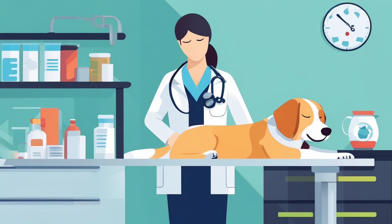Ein ruhiger Hund schläft auf dem Tisch eines Tierarztes, während das medizinische Personal sich um ihn kümmert.