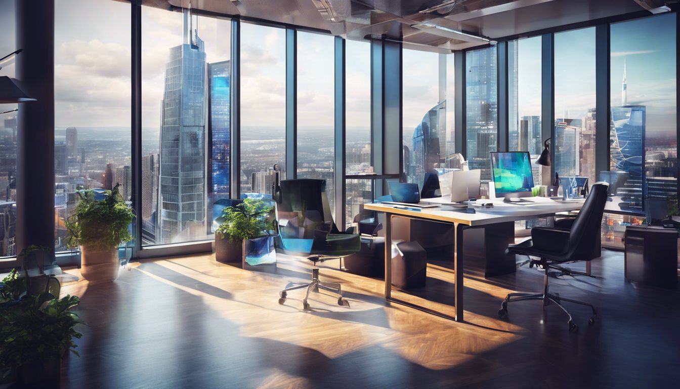 A modern office with innovative digital marketing tools and cityscape views.