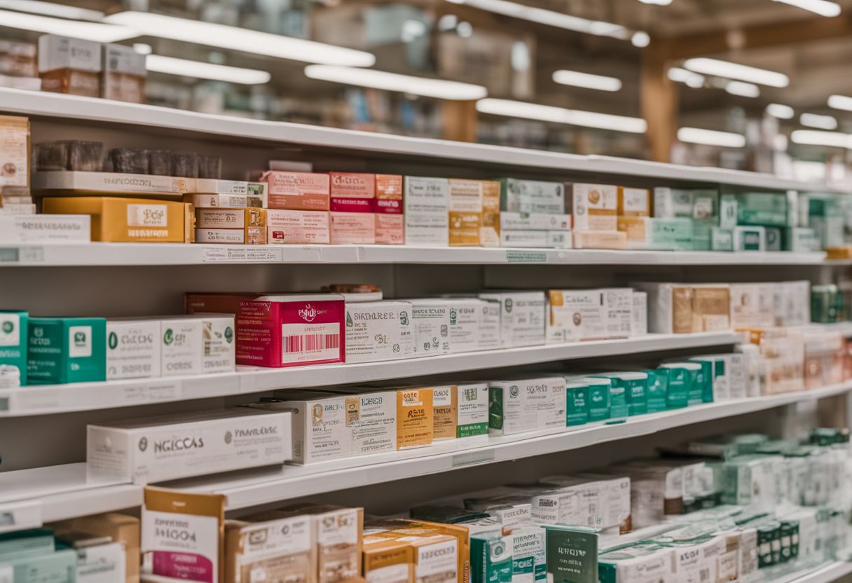 Eine Packung Nicosadio-Nikotinpflaster in einer Apotheke mit verschiedenen anderen Medikamenten.