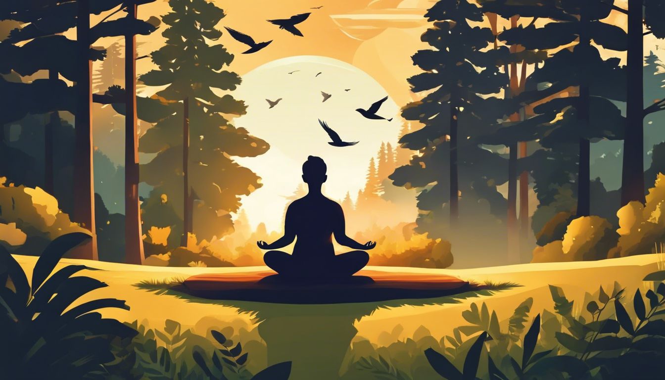 A person meditating in a peaceful forest clearing at sunrise.