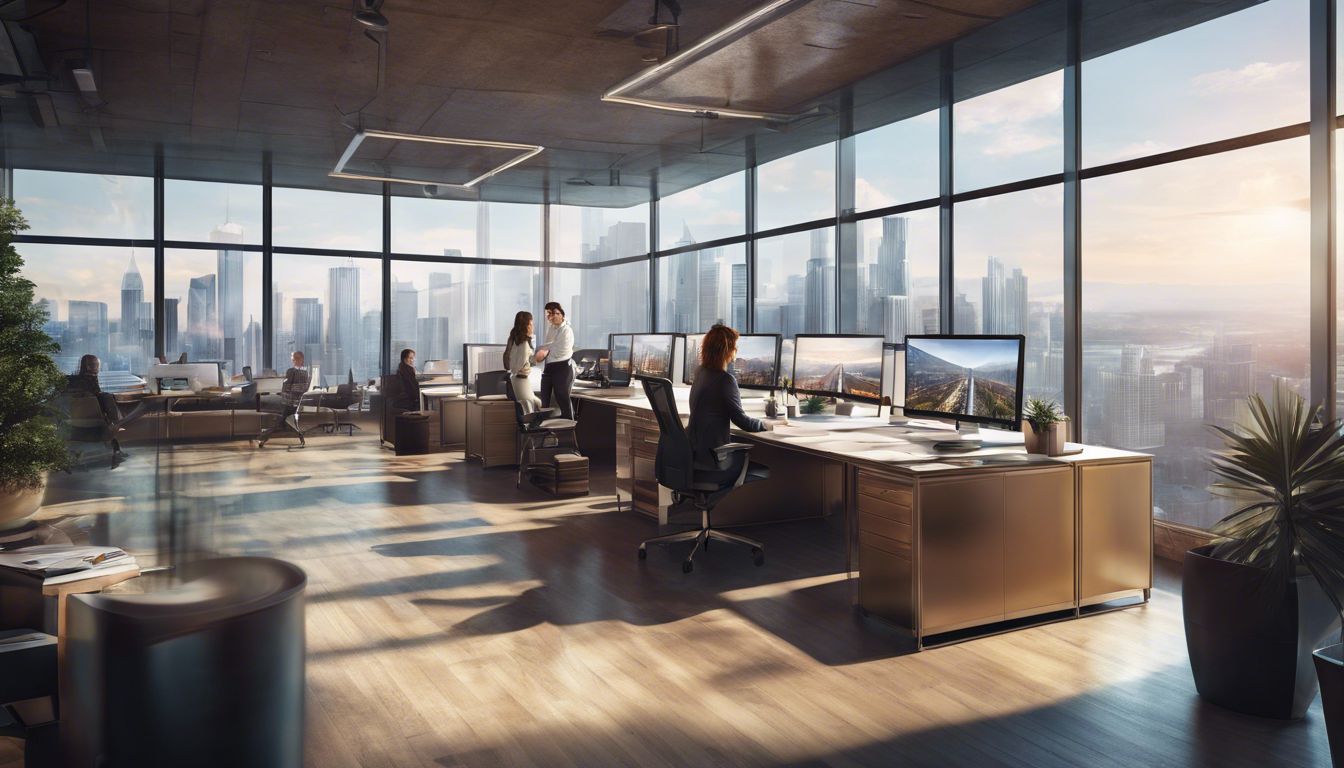 A diverse team collaborates in a modern office overlooking a city.