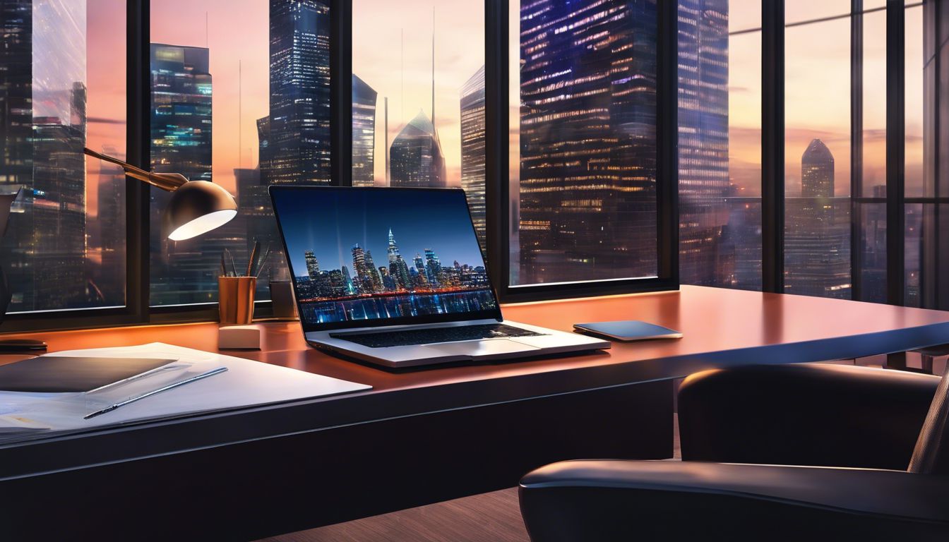 A modern office with a laptop and notebook on a sleek desk.