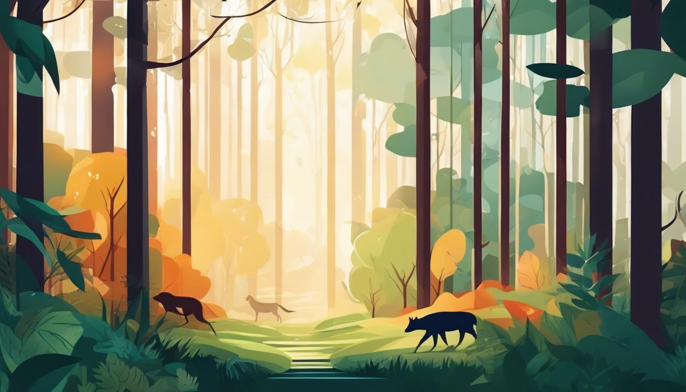 A peaceful forest with vibrant foliage and diverse wildlife.