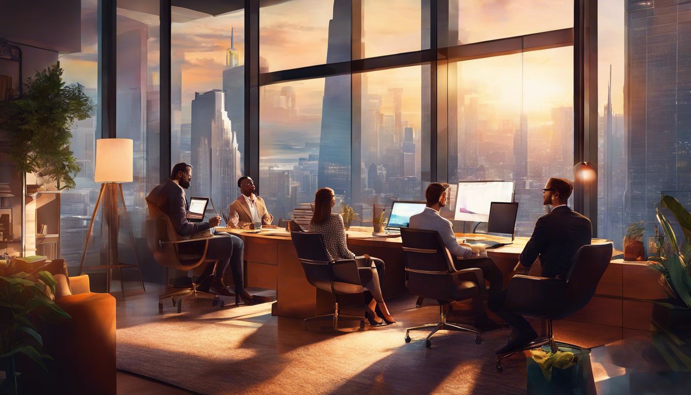 A marketing team collaborating in a modern, city-view office.