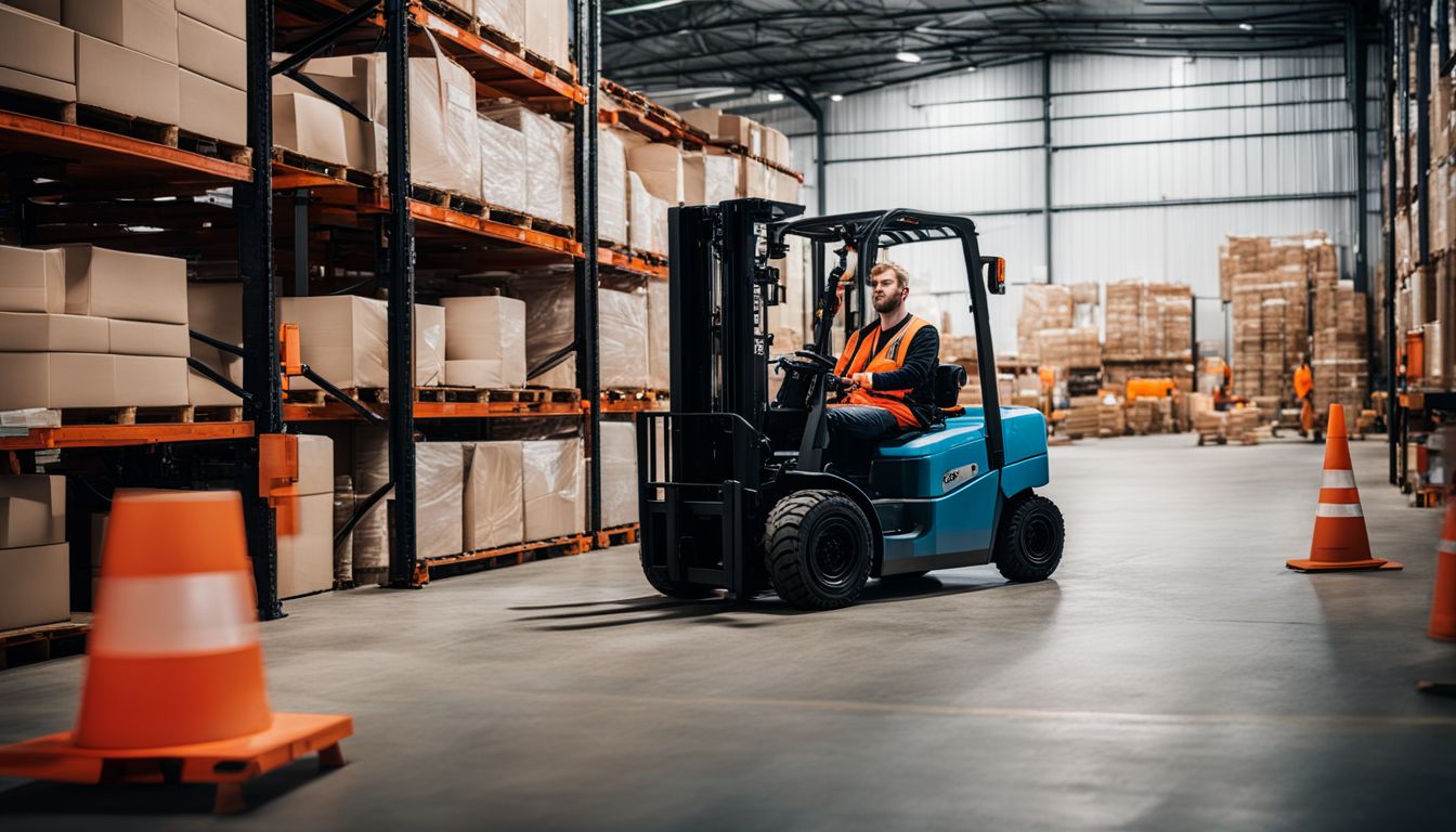 An industrial warehouse with a forklift and safety equipment.