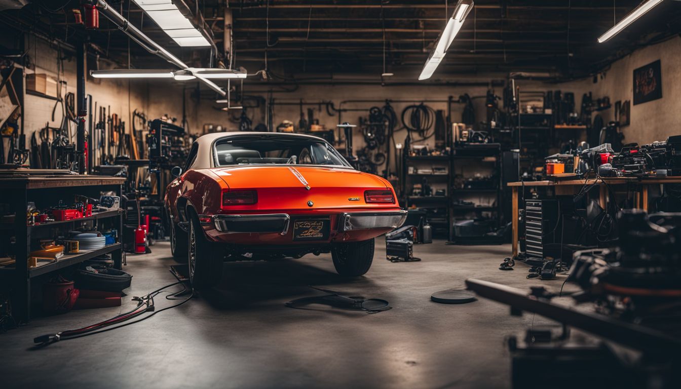 A pristine car in a well-equipped auto shop.